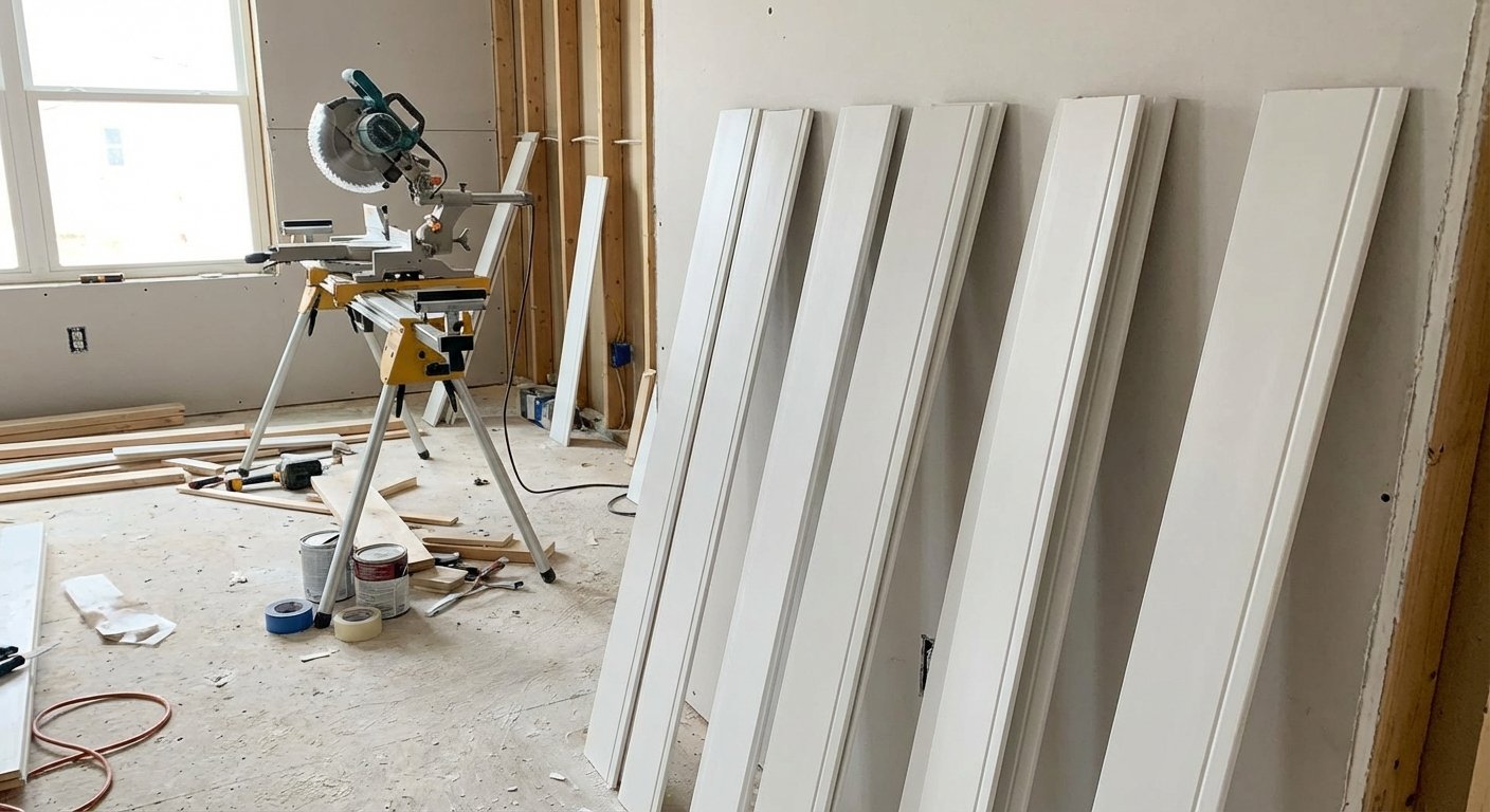 Baseboard material staged near a miter saw before installation