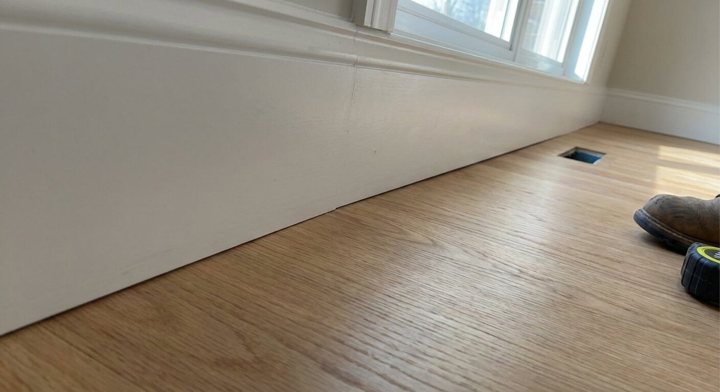 Close view of white baseboard meeting a hardwood floor and window trim