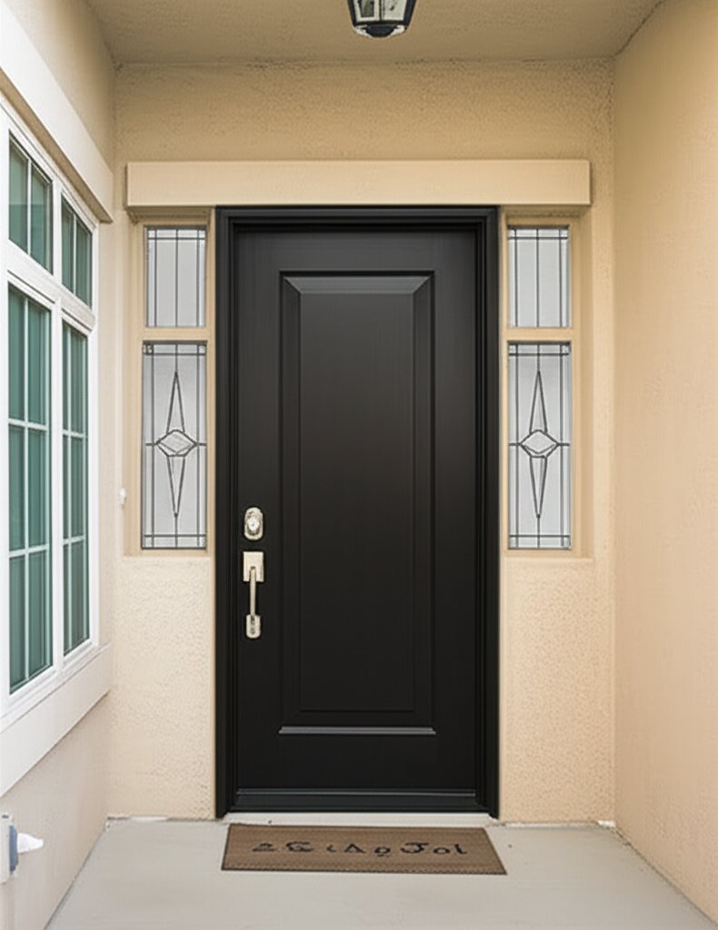 Dark entry door with sidelights